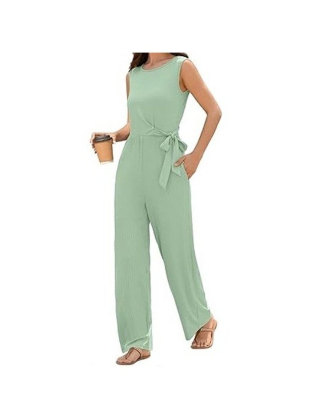 Zaful Womens One Piece Jumpsuite Casual Ribbed Sleeveless Pockets Green Large